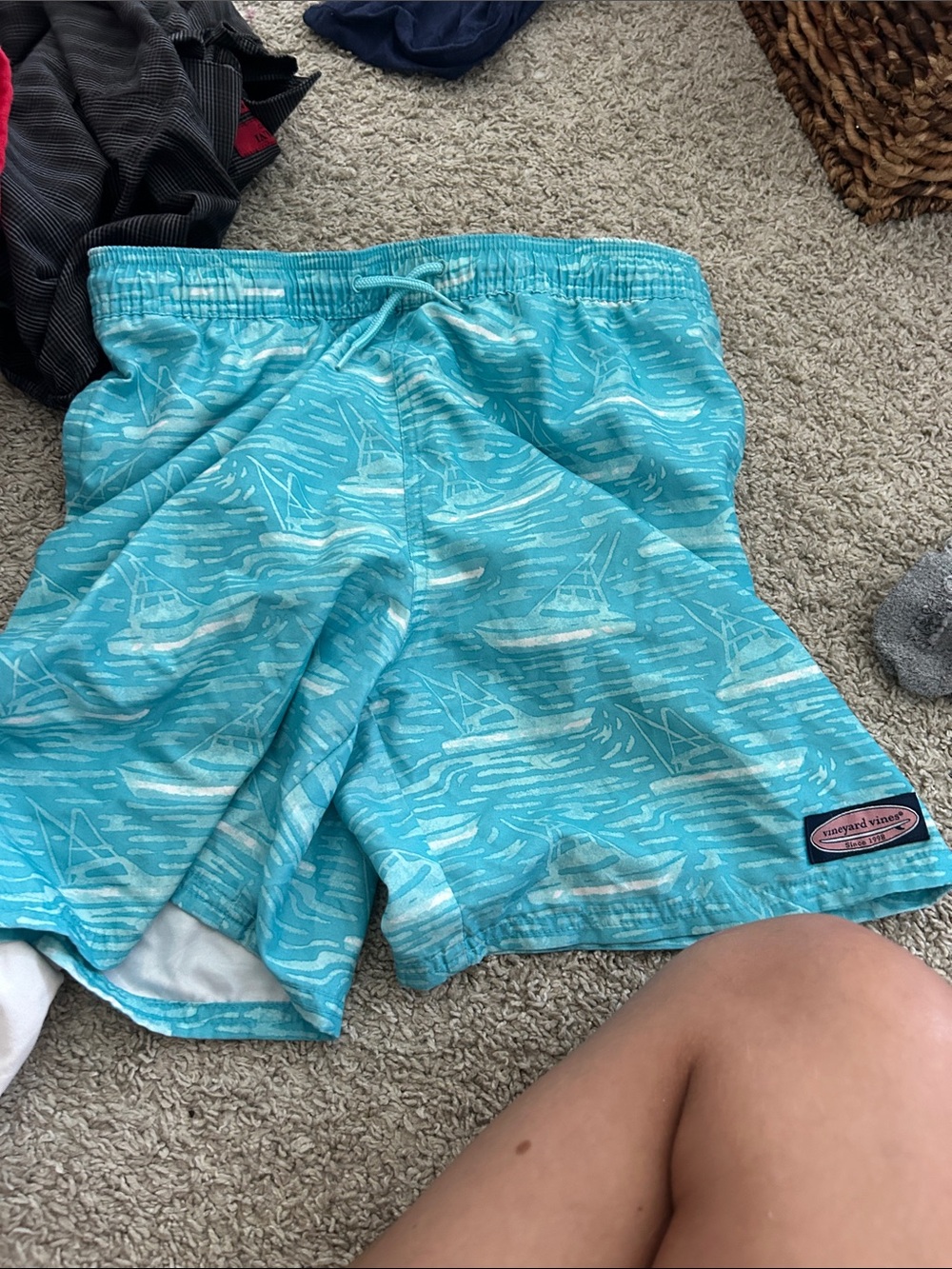 Vineyard Vines Turquoise Sailboat Print Swim Shorts